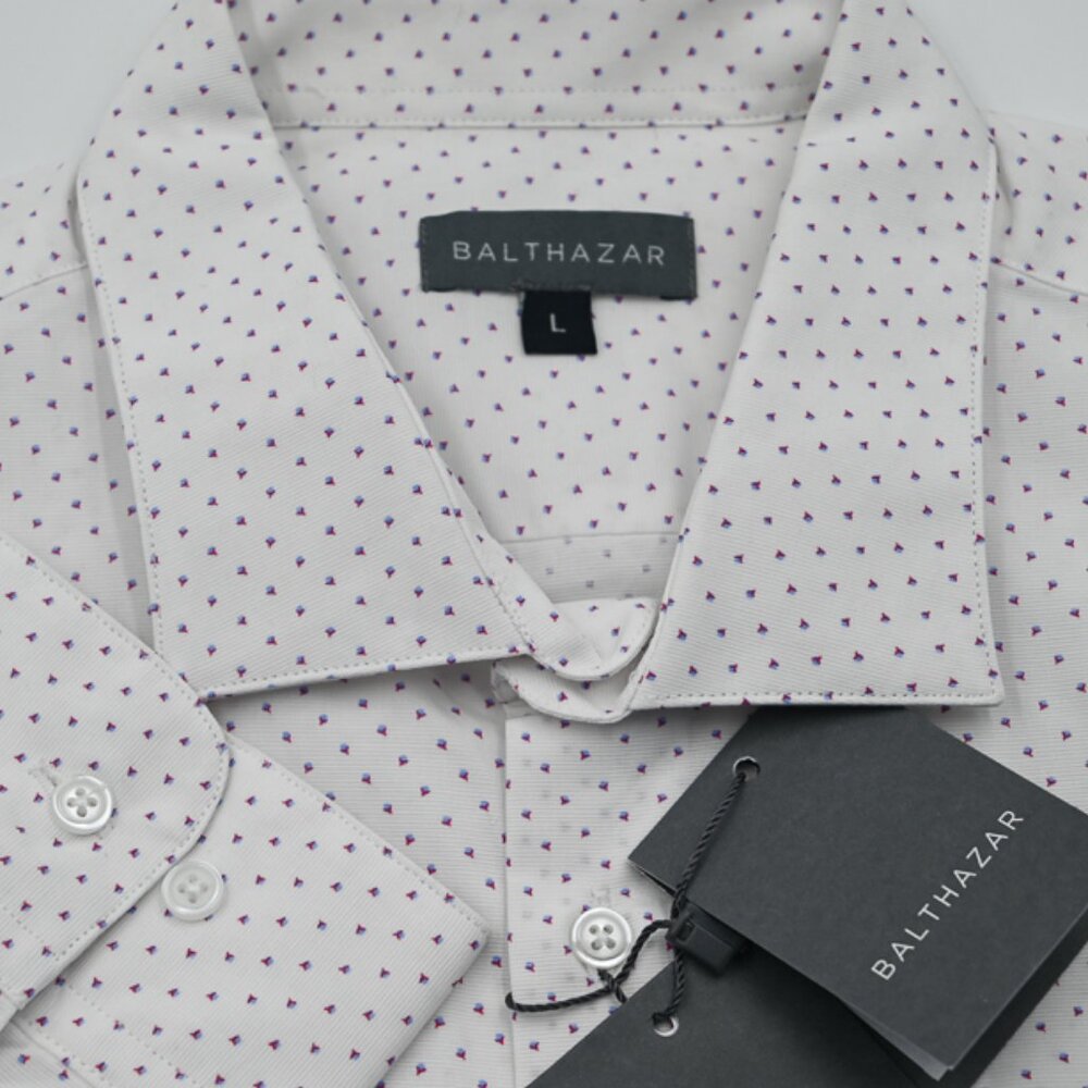 NWT Balthazar White With Small Blue/Red Designs Slim Fit Shirt Made in Tunisia L
